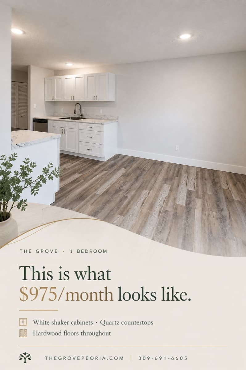 Living area in a one-bedroom apartment at The Grove in North Peoria